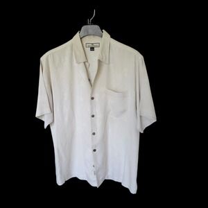 Tommy Bahama Mens M Ivory 100% Silk Jacquard Palm Tree Short Sleeve Camp Shirt